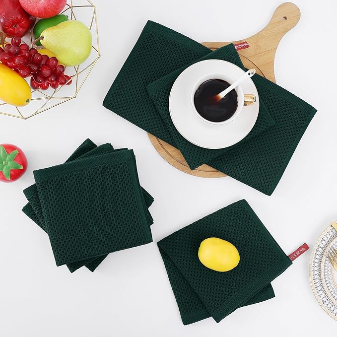 Homaxy 100% Cotton Waffle Weave Kitchen Dish Towels, Ultra Soft Absorbent Quick Drying Cleaning Towel, 13 x 28 Inches, 12-Pack, Blackish Green