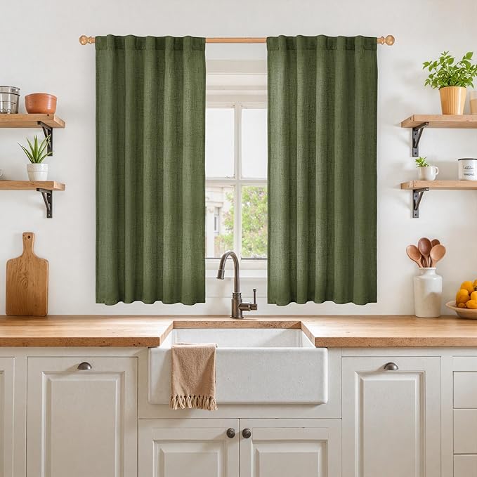 YoungsTex Olive Green Linen Curtains 48 Inch Length for Kitchen, Semi Sheer Small Window Drapes with Rod Pocket Back Tab Light Filtering for Short Living Room Bedroom, 2 Panels, 42 X 48 Inch