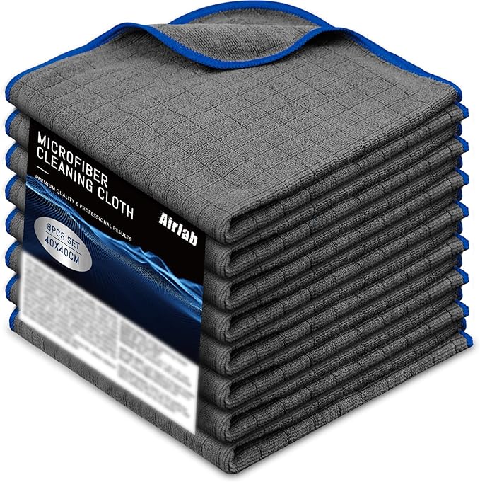 Airlab Microfiber Towels for Cars Wash Drying Auto Detailing, Highly Absorbent, Lint-Free, Streak-Free, All-Purpose Cleaning Cloths for Household, 16" x 16", Pack of 8, Grey