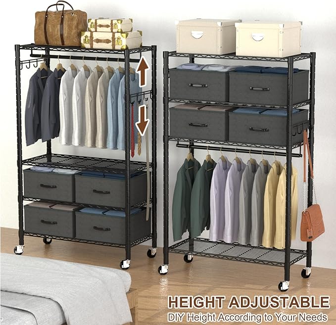 Clothes Rack, Heavy Duty Clothing Rack for Hanging Clothes, 4-Tier Adjustable Closet Organizer with 4 Drawers | Hanging Rod | Side Hooks | Load 445lbs | 15.7" D x 35.4" W x 74.1" H