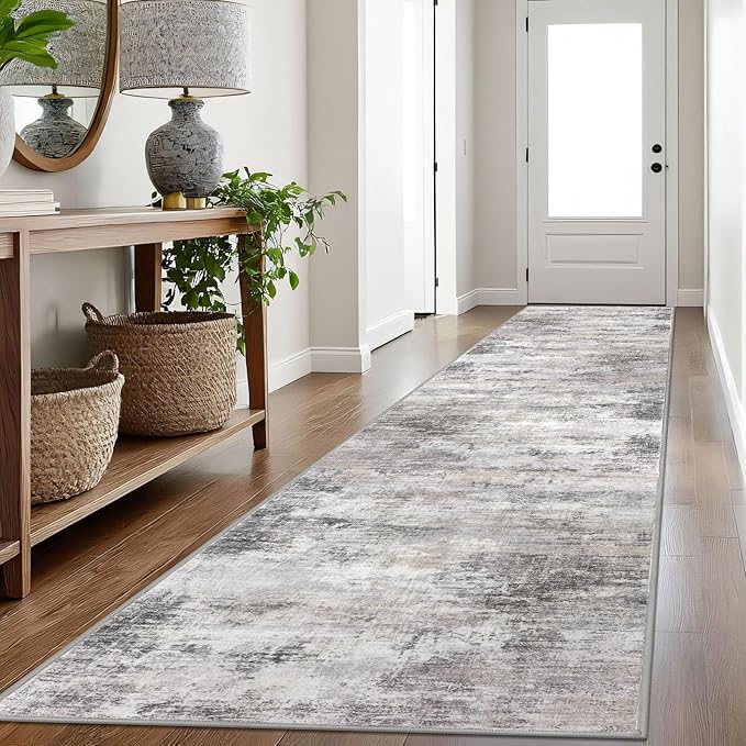IOHOUZE Abstract Runner Rug 3x16 Ft Washable Runners for Hallways, Non Slip Kitchen Runner Printed Faux Wool Entryway Runner Indoor, Modern Abstract Floor Carpet for Hall Stair, Grey Beige