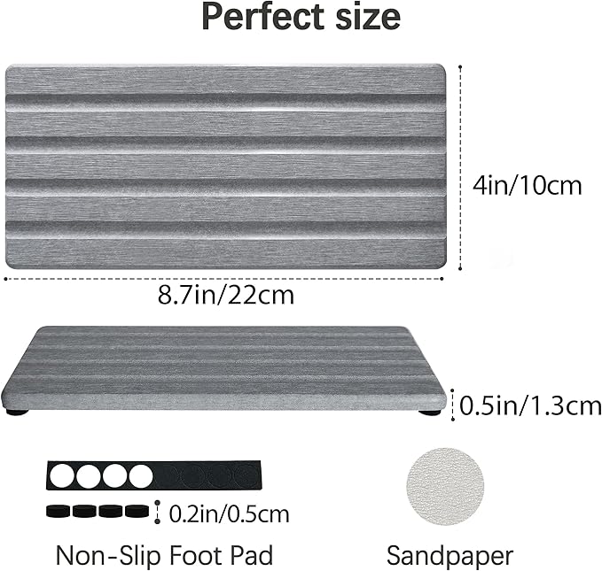 2 PCS Water Absorbing Stone Trays for Bathroom Sink & Kitchen Counter, Fast-Drying Diatomite Sink Caddy, Vanity Tray, Hand Soap Holder with Anti-Skid Pads (Gray, 8.7" x 4"/22 x 10cm)