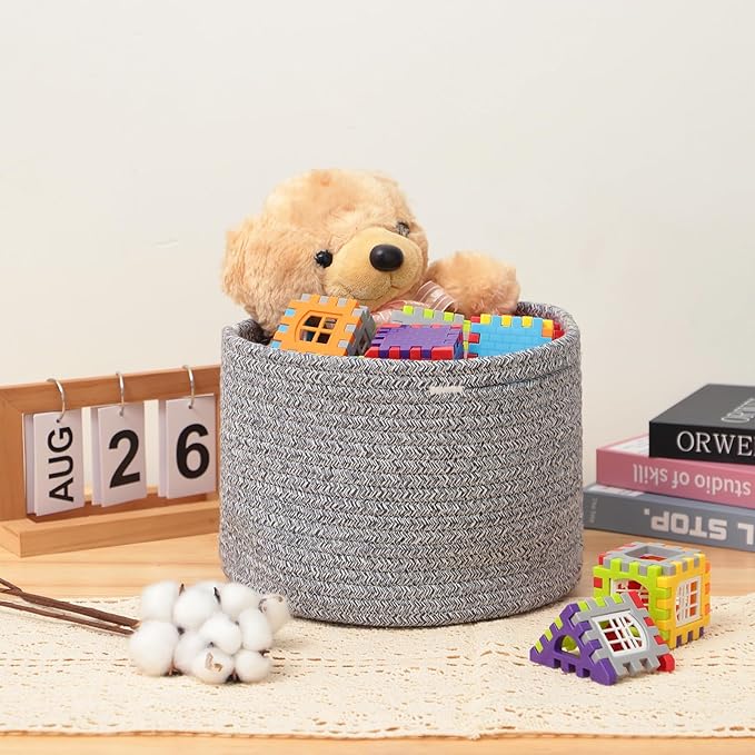 Small Basket for Organizing | Cube Shelf Closet Storage Baskets | 9.7×9.7×7.1” | Woven Rope Gift Basket | Nursery | Round 3 Packs Mixed Grey