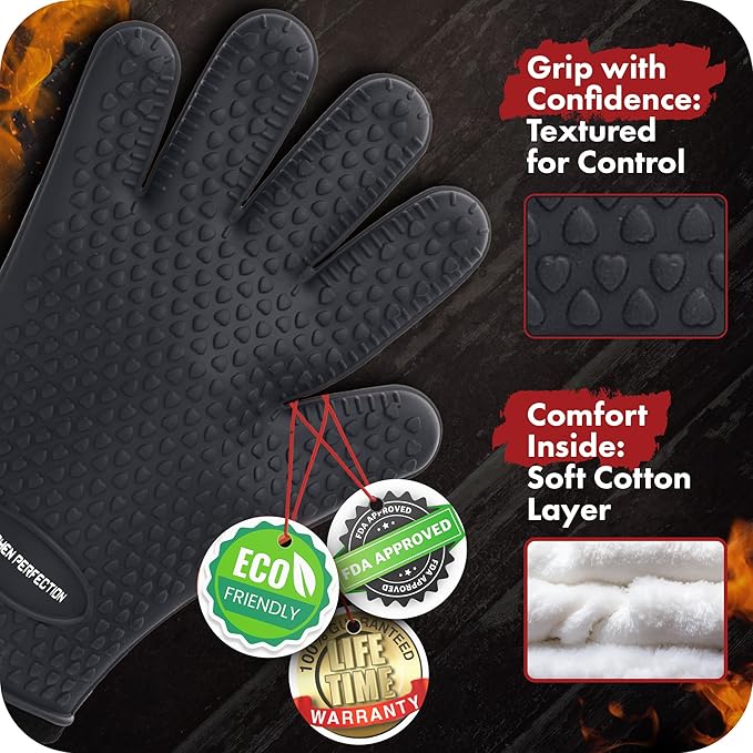 KITCHEN PERFECTION S Silicone Smoker Oven Gloves -Extreme Heat Resistant BBQ Gloves -Handle Hot Food Right on Your Grill Fryer Pit|Waterproof Oven Mitts |Superior Value Set+3 Bonuses