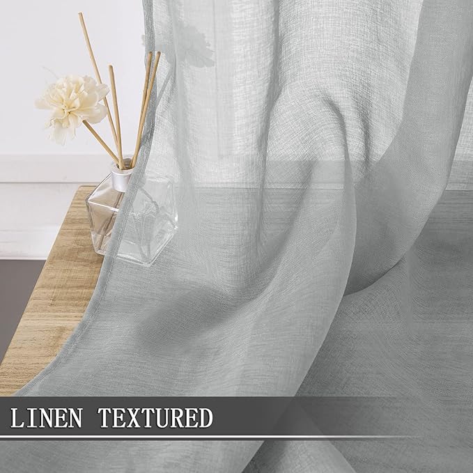 Tollpiz Sheer Curtains Bedroom Linen Textured Curtain Sheers Light Filtering Voile Rod Pocket Curtains for Living Room, 38 x 84 inches Long, Silver Grey, Set of 2 Panels