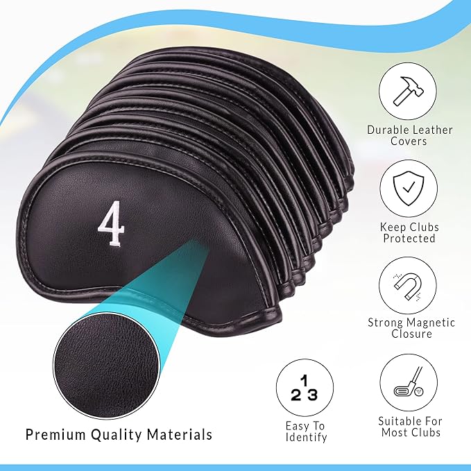 Premium Magnetic Leather Iron and Wedge Golf Club Head Covers | Set of 10 | Fits Most Clubs | Embroidered Club Label on Both Sides of Club Head Cover