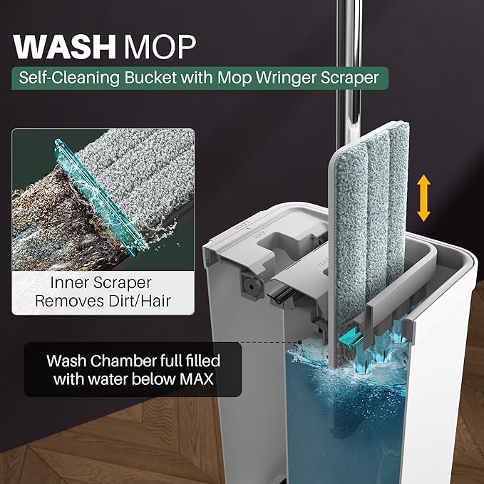 JOYMOOP Mop and Bucket Set with Wringer, Dust Mops for Floor Cleaning, Wall Cleaner with Long Handle,Wet and Dry Use - 8 Microfiber Mop Pads