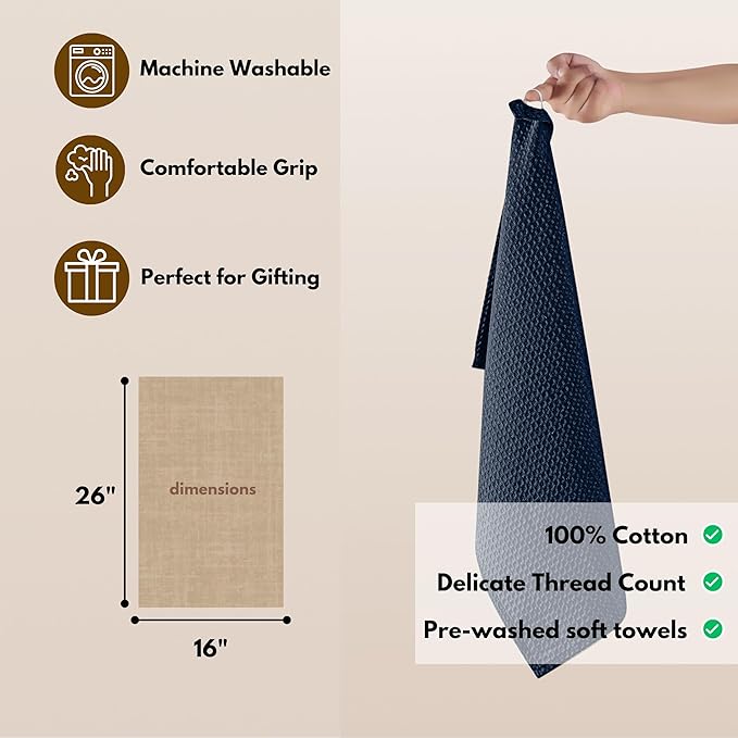 Native Fab Cotton Kitchen Towel with Hanging Loop 16x26 inches, 6-Pack, Waffle Weave Kitchen Towels for Cleaning Drying, Washcloths Soft & Absorbent Cloth Rags, Bar Towel, Dish Cloth, Navy