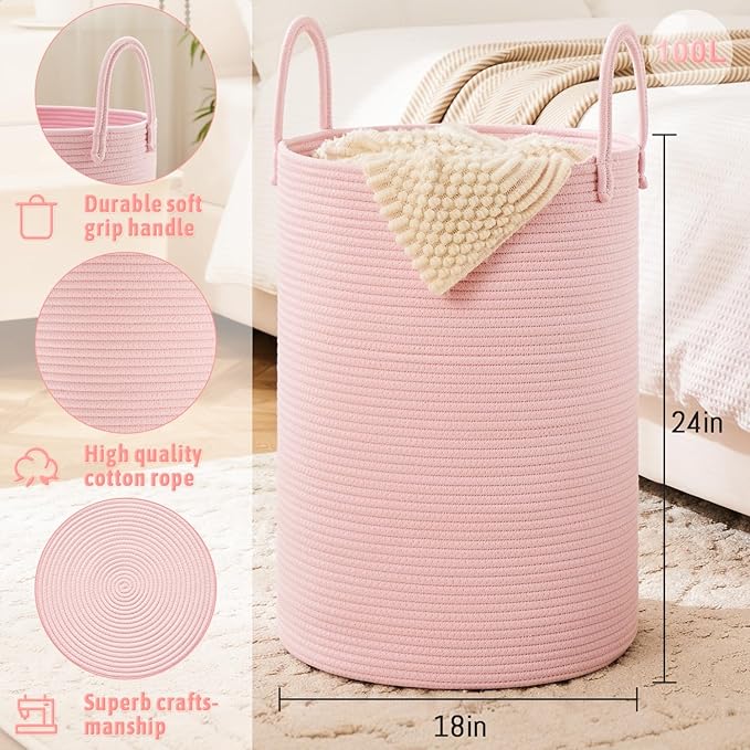 Laundry Basket,Woven Cotton Rope Laundry Hamper,100L for Decorative Storage of Dirty Clothes,Toys and Blankets in Bathroom,Baby Room and Living Room