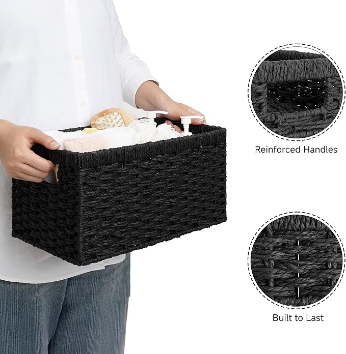StorageWorks Pantry Baskets, Wicker Storage Baskets for Organizing, Bathroom Shelves, Pantry Organizers and Storage, Medium, Black, 2-Pack