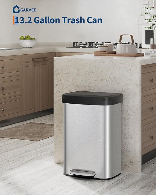Garvee 13 Gallon / 50 L Stainless Steel Trash Can with Lid, Large Garbage Can for Kitchen, Rustproof Step-on Kitchen Metal Trash Bin with Liner Rim, Rear Handle, Soft Close Plastic Lid, Silver