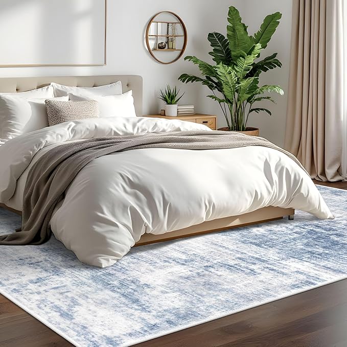 IOHOUZE Abstract Area Rugs 6x9 Ft Washable Rugs for Living Room, Non Slip Dining Room Rug, Printed Faux Wool Rugs for Bedroom, Floor Carpet for Office Nursery Playroom, Light Blue White