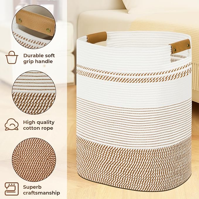 Laundry Basket with Handles - Blanket Basket & Hampers for Bedroom Aesthetic, Laundry Hamper & Blanket Storage for Living Room, Clothes Hamper, Tall, Large 17" x 14" x 22”, Brown & White