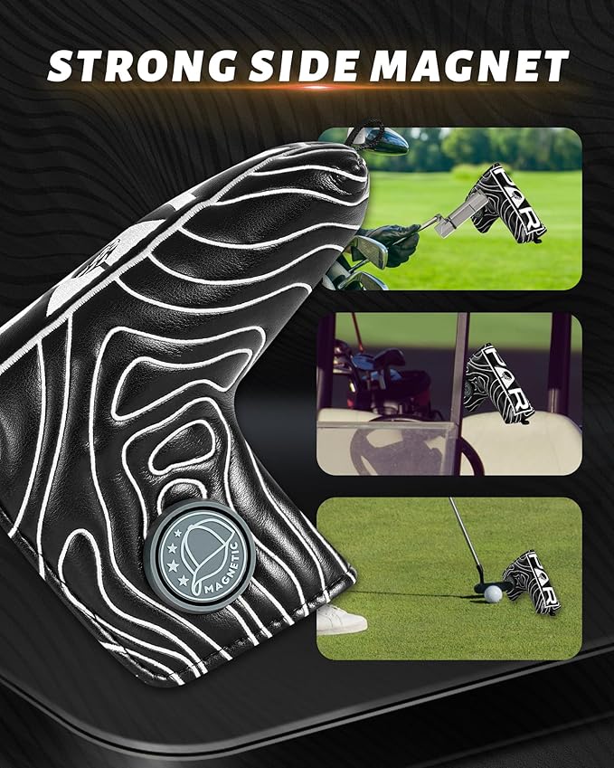 Big Teeth Golf Club Covers Full Set Driver Headcover Fairway Wood Hybrid Golf Club Iron Head Covers, Topographic Edition Putter Cover Leather Golf Head Covers Pure Black, Gifts for Men