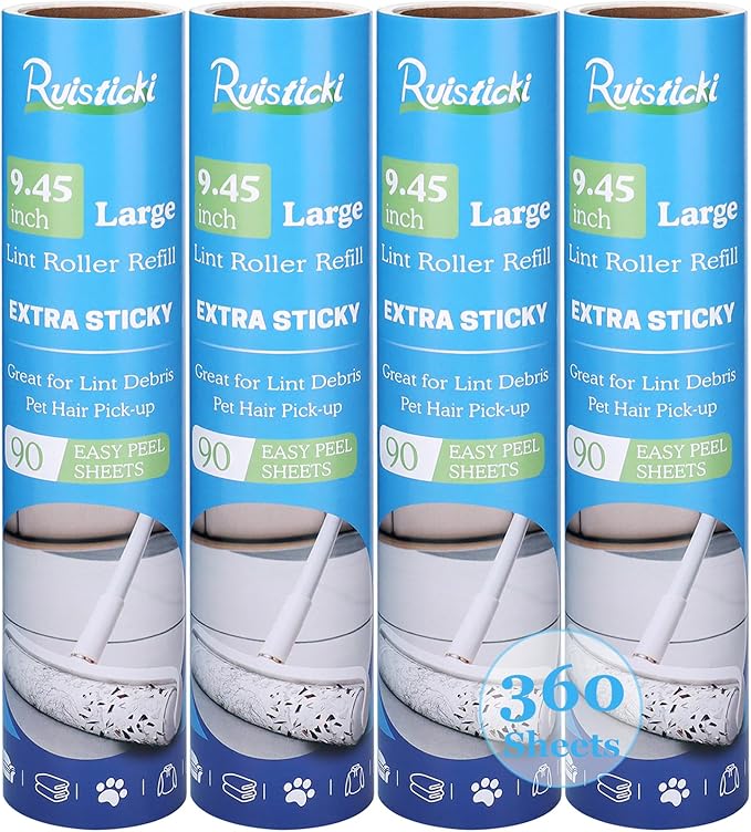 9.45 inch Lint Roller Refills for Large Long Handle Lint Rollers for Carpet 9.45'' Extra Sticky Floor Lint Roller 4 Pack of Refills Only, 90 Sheets per Refill, 360 Sheets Total