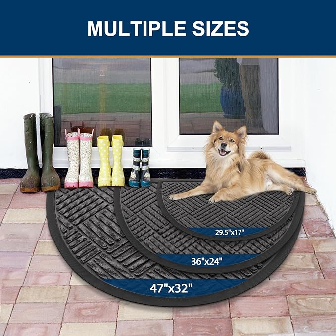 Smiry Half Circle Front Door Mat Outside Entrance, Heavy Duty Outdoor Indoor Natural Rubber Doormat, Non Slip, Trap Dirt and Moisture, Easy Clean, Low Profile Patio Porch Entryway Mat, 29.5x17, Grey