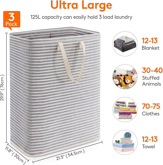 Lifewit 3 Pack Laundry Hamper Large Collapsible Laundry Baskets, Freestanding Waterproof Clothes Hamper with Easy Carry Handles in Laundry Room Bedroom Bathroom College Dorm for Adults, Gray, 3 x 125L