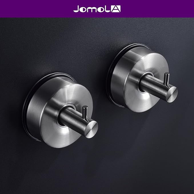 JOMOLA Brushed Stainless Steel Shower & Bathroom Hooks - No Drill Adhesive-Free Suction Cup Hardware, Rustproof Waterproof Metal Wall Mount for Towel Robe, Damage-Free (2-Pack)