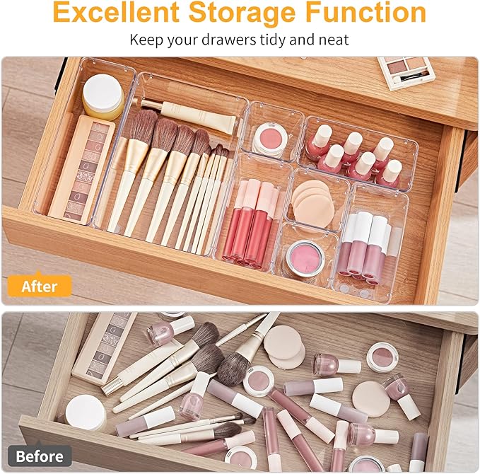 SMARTAKE 28 Piece Drawer Organizers with Non-Slip Silicone Pads, 4-Size Desk Drawer Organizer Trays Storage Tray for Makeup, Jewelries, Utensils in Bedroom Dresser, Office and Kitchen, Clear