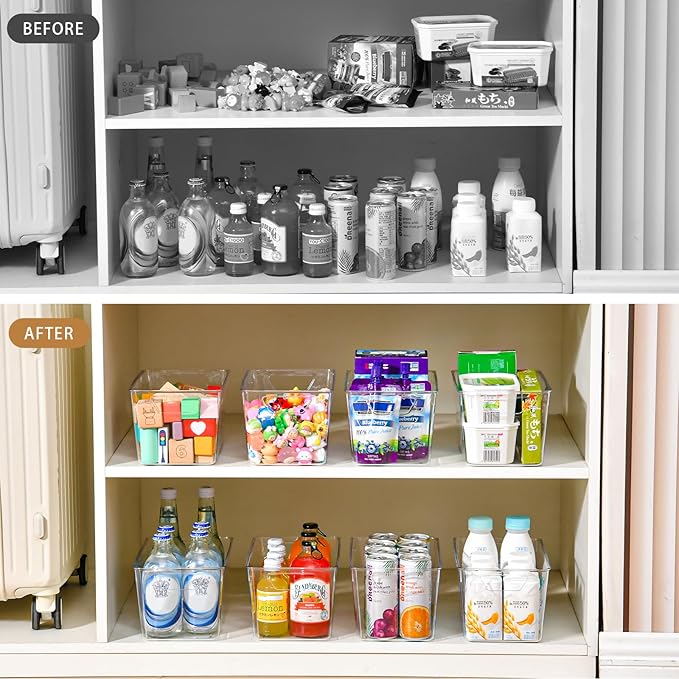 12 Pack Middle Organizers and Storage, Pantry Organization and Storage Bins, Cabinet Organizer, Clear Plastic Storage Containers with Handle，Acrylic Storage Bins for Cabinet, Fridge