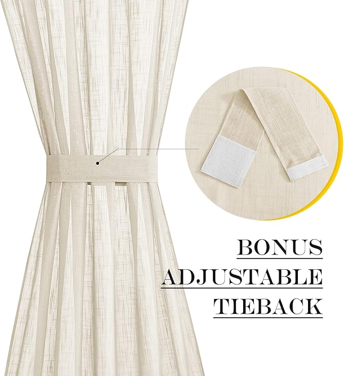 NICETOWN French Door Sheer Curtains for Front Back Patio Glass Door Light Filtering Window Treatment with 1 Tieback, 26" Width x 40" Length, Beige, 1 Panel