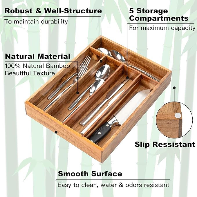 Silverware Organizer Kitchen Drawer Organizer Utensil Organizer Acacia Silverware Holder Cutlery Organizer in Drawer Flatware Organizer Tray(5 slots, Acacia