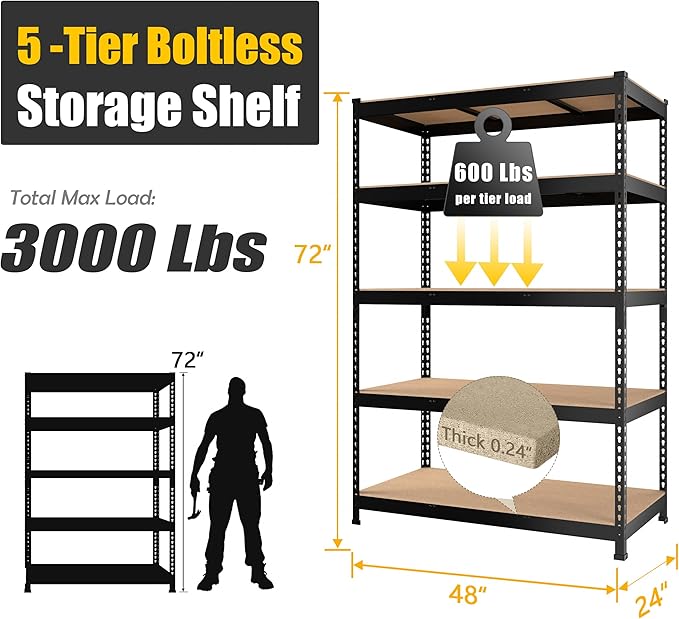 PrimeZone 3 Pack Storage Shelves 48" x 24" x 72", 5 Tier Adjustable Garage Storage Shelving, Heavy Duty Metal Storage Utility Rack Shelf Unit for Warehouse Pantry Closet Kitchen, Black