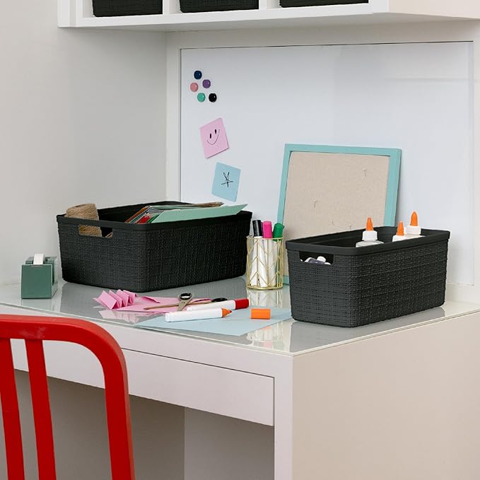 Curver Set of 6 Jute Medium Decorative Plastic Organization and Storage Baskets, Perfect Bins for Home Office, Closet Shelves, Kitchen Pantry and All Bedroom Essentials, Black