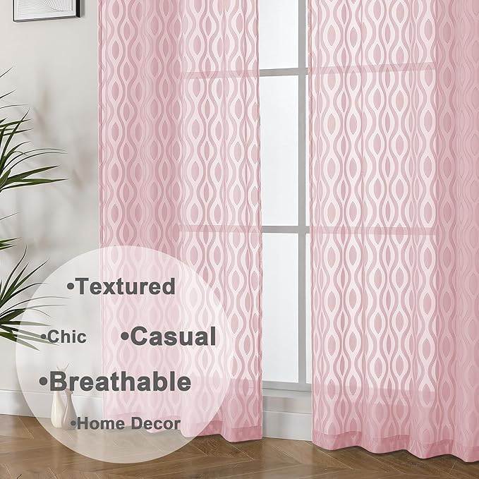 Aiyufeng Blush Pink Sheer Curtains 84 Inches Long 2 Panels Set, Soft Airy Lightweight Transparent Wavy Line Jacquard Farmhouse Curtians for Bedroom Living Room, Dual Rod Pocket, Total 80 inches Width