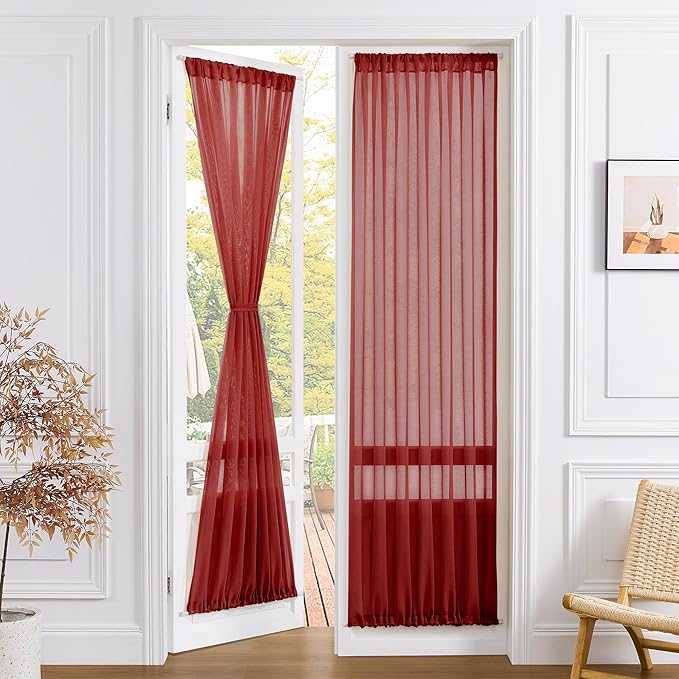 Tollpiz Sheer Door Curtain Closet Linen Textured Curtain Sheers Doorway Light Filtering Voile French Doors Rod Pocket Curtains Patio Glass Door, 25 x 80 inches Long, Burgundy Red, Set of 1 Panel