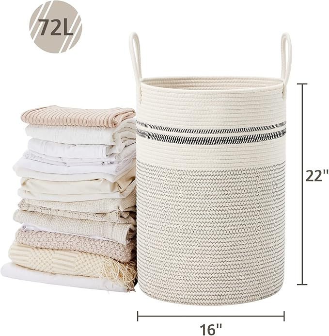 VIPOSCO Large Laundry Hamper, Tall Woven Rope Storage Basket for Blanket, Toys, Dirty Clothes in Living Room, Bathroom, Bedroom - 72L Stripe White