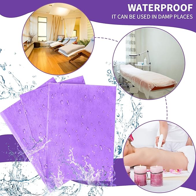 Breling 100 Pcs 31.5 x 71 Inch Disposable Bed Sheets Oil-proof PE Film Massage Table Sheets Non-woven Fabric Spa Waterproof Bed Cover Breathable for Beauty Salon Hotels Tattoo Waxing(Purple)