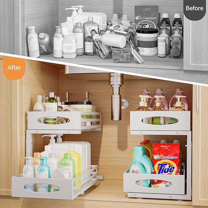 Under Sink Organizer, 2 Tier Under Sink Organizers and Storage, Adjustable Height, Slide out Metal Cabinet Organizers, Pull out Cabinet Storage Drawer Shelf for Kitchen Bathroom White, 2 Pack