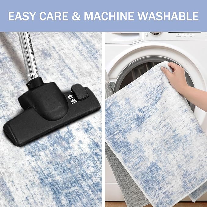 IOHOUZE Abstract Area Rugs 5x7 Ft Washable Rugs for Living Room, Non Slip Dining Room Rug, Printed Faux Wool Rugs for Bedroom, Floor Carpet for Office Nursery Playroom, Light Blue White