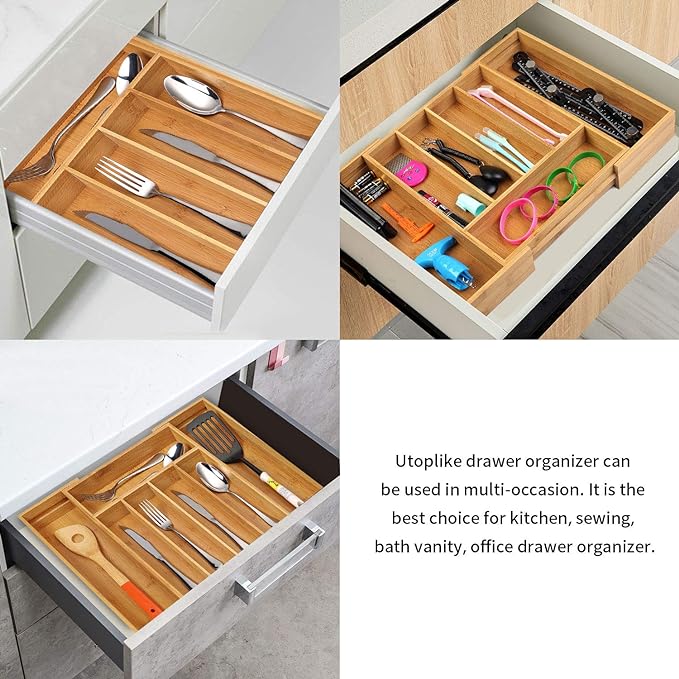 Utoplike Bamboo Cutlery Tray Silverware, Drawer Dividers for Kitchen Utensils, Flatware Tray Drawer Insert for knives, Gadgets and Garage Tools, Office Supplies