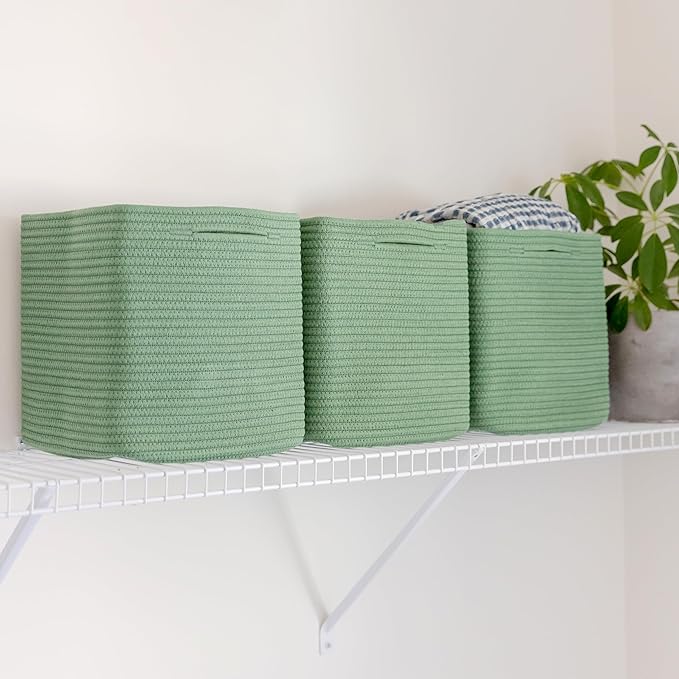 NaturalCozy Storage Cubes 11 Inch Cotton Rope Woven Baskets for Organizing, 3-Pack | Cube Storage Bin | Square Storage Baskets for Shelves Organizer, Classroom, Kids Toy Bins, Closet, Baby Nursery