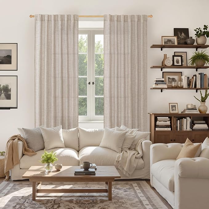 YoungsTex Natural Linen Curtains 90 Inches Long for Living Room Back Tab Textured Light Filtering Window Drapes with Ring Clips for Bedroom Dining Room, 52 X 90 Inch, 2 Panels