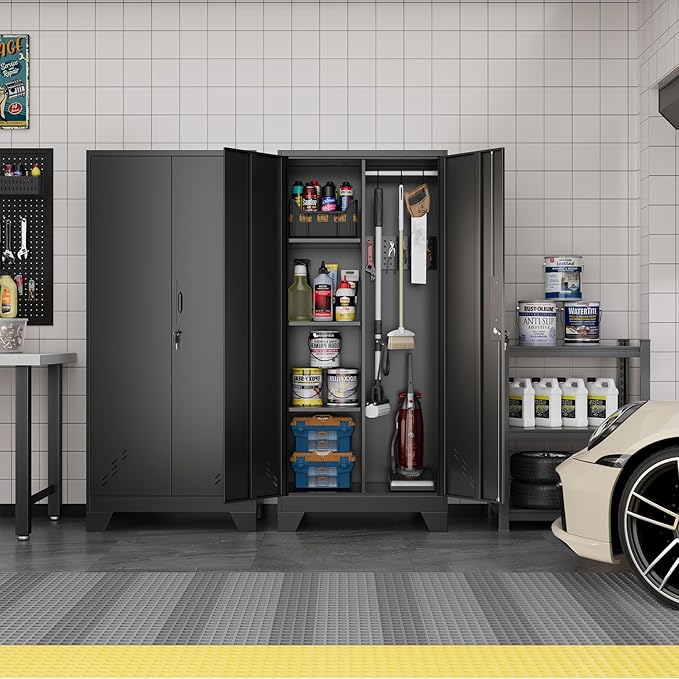 Metal Storage Cabinet with Locking Doors, 61" Tall Garage with Hanging Rod, Broom Closet, Freestanding Bathroom Storage Cabinet, Cleaning Tool,Black