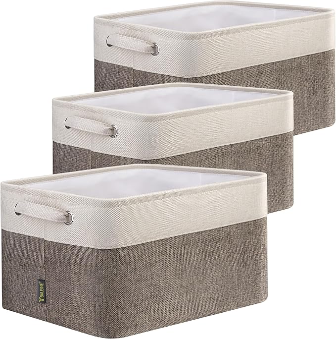 BALEINE 3 Pack Fabric Storage Bins for Shelves, Linen Storage Baskets for Organizing, Decorative Closet Bins for Clothes, Home (Brown, 15"x11"x9.5") ﻿