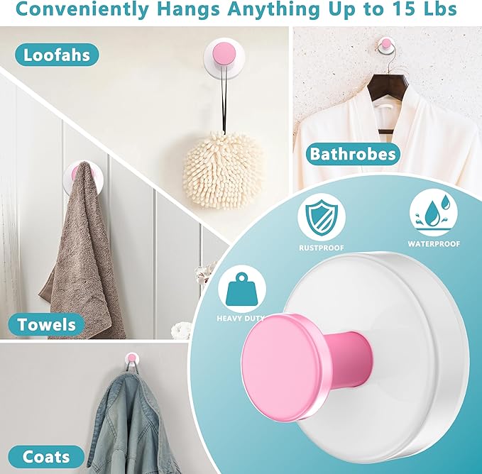 Suction Cup Hooks for Shower,Removable No Drill Towel Hooks,Upgraded 15 lbs Strong Suction hooks for Bathroom Tile,Shower Wall,Glass Door,Kitchen-Loofah,Coat,Stainless Waterproof-White Pink 4 Pcs