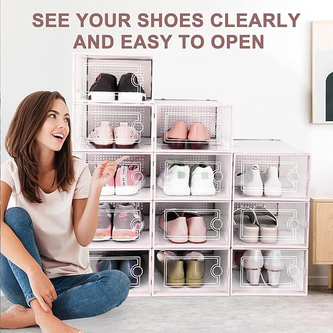 Kuject Shoe Organizers Storage Boxes for Closet, 12 Pack Clear Plastic Stackable Storage Bins with Lids, Under Bed Shoe Containers for Entryway, Drop Front, Fit up to Women's Size 10,Pink
