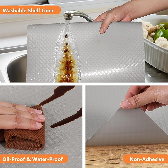 Light Gray Shelf Liners for Kitchen Cabinets Refrigerator Liners Waterproof & Oil-Proof Kitchen Cupboard Liner Drawer Mats EVA Material Non Adhesive Fridge Liner 11.8 x 236.2 Inches x 2 Rolls