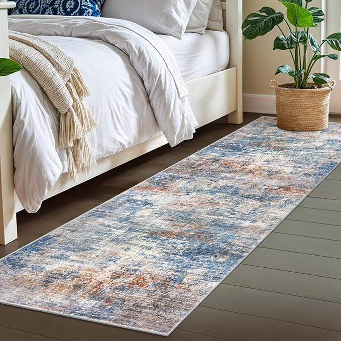 IOHOUZE Abstract Runner Rug 2x7 Ft Washable Runners for Hallways, Non Slip Kitchen Runner Printed Faux Wool Entryway Runners Indoor, Modern Abstract Floor Carpet for Hall Kitchen Bedroom, Blue Rust
