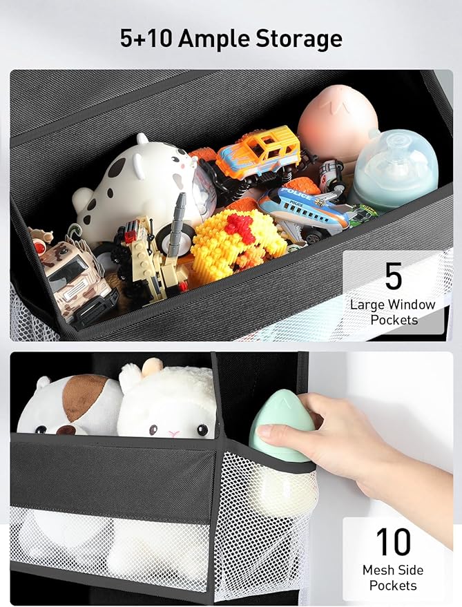 Yecaye 1 Pc Over the Door Organizer with 5 Bins 10 Side Pockets, 44lbs Load Hanging Bathroom and Bedroom Organizer, behind the Door Hanging Organizers for Nursery Newborn Baby Essential Stuff Black