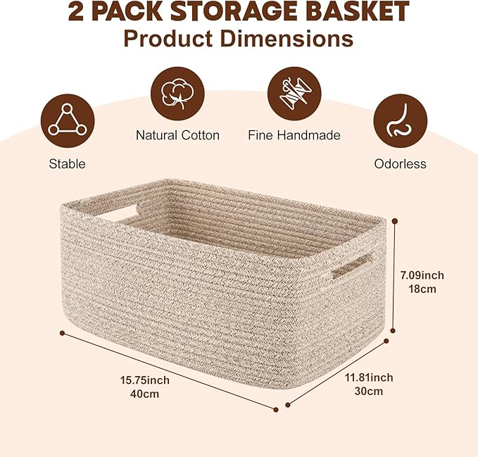 OIAHOMY Storage Basket for Shelves, Closet Cube Storage Bins Baskets for Clothes Blanket Towels, Baby Nursery, Toy Box, Woven Rope Basket, 15.75*11.81*7.09 IN, 2 Packs Brown