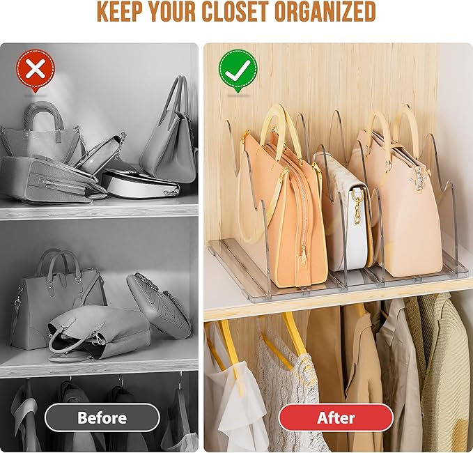 Bag & Purse Organizer for Closet, 2 Pack Adjustable Clear Handbag Storage Holder, Acrylic Shelf Dividers for Closet Organizers and Storage - Keep Carteras & Pocketbook Upright