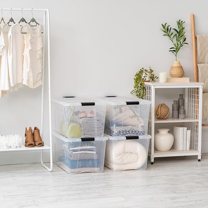 IRIS USA 72 Qt Stackable Plastic Storage Bins with Lids, 4 Pack - BPA-Free, Made in USA - See-Through Organizing Solution, Latches, Durable Nestable Containers, Secure Pull Handle - Clear