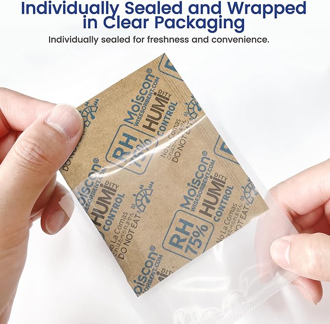90 Pack 75% RH Size 8 Two-Way Humidity Control Packs for Storing Up to 5 Items, 8 Gram Moisture Control Packets Individually Wrapped for Small Non-Plastic Travel Cases