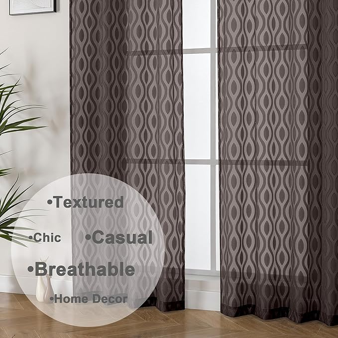 Aiyufeng Brown Sheer Curtains 72 Inches Long 2 Panels, Lightweight Clip Jacquard Textured Sheer Privacy Curtains for Bedroom Living Room, Classic Wavy Line Design Door Curtains, 40" Wx72 L Inches
