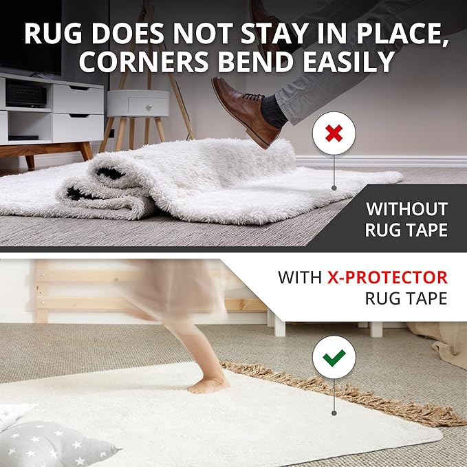 X-Protector Rug Tape for Carpet - 8 Pcs Set - White Anti-Slip & Anti-Curling Carpet Tape for Rugs - Premium Rug Pad Gripper - Ideal Carpet Corner Grippers to Keep Your Rugs & Make Corners Flat